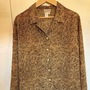 Coldwater Creek Blouse Shirt Top Size L Button Down Long Sleeve Tan Brown Print